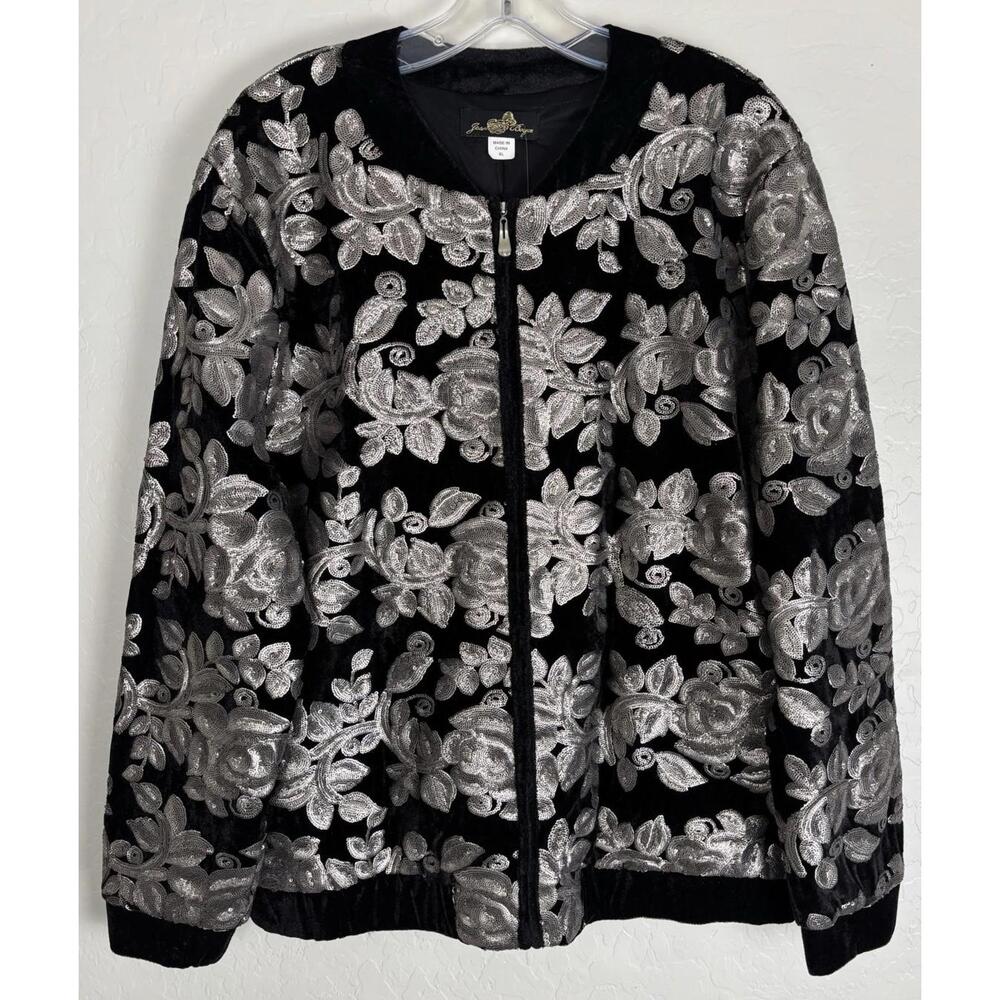 NEW Joan Boyce Black Velvet Silver Sequin Floral Rose Bomber Jacket‎ XL 1526